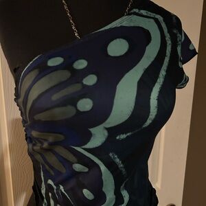 Asymmetrical Blue and Green Butterfly Top small